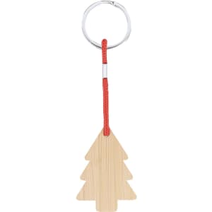 A wooden keyring in the shape of a Christmas tree, featuring a red cord and a metal ring.