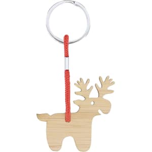 A bamboo keyring in the shape of a reindeer, featuring a silver metal ring and a red rope attachment.