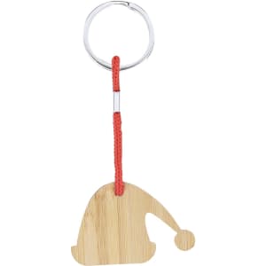 A bamboo keyring shaped like a hat, attached with a red cord to a silver ring.