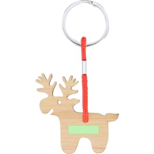 A bamboo keyring shaped like a reindeer with an orange strap and a green section for personalisation.
