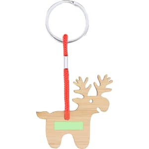 A bamboo keyring shaped like a reindeer, featuring a bright orange cord and a silver ring.
