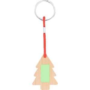 A wooden tree-shaped keyring with a green rectangular section and red rope attachment. It has a metal keyring.