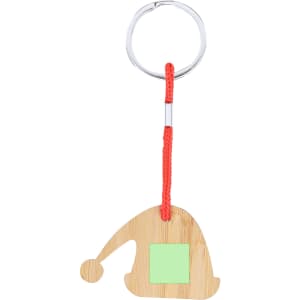 A keyring featuring a bamboo design shaped like a hat, with a red cord and a green square space for customisation.