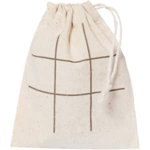 A cream cotton drawstring bag featuring a simple grid pattern in brown, with a cord closure.