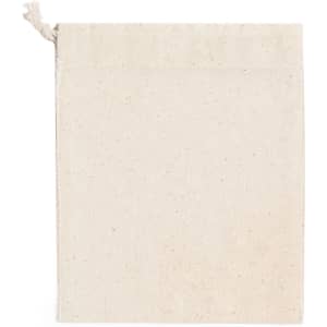 A beige drawstring bag made of natural fabric, featuring a cord for closing. It has a simple, unadorned design.
