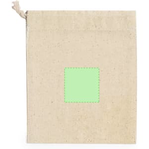 A natural beige pouch with a drawstring closure and a green square outline on the front.