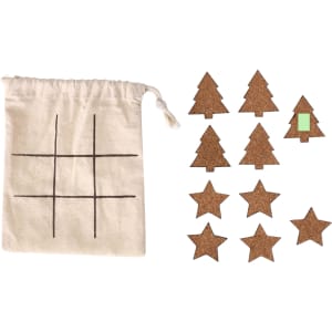 A cotton pouch with a tic-tac-toe grid design, alongside cork tree and star game pieces in natural hues.