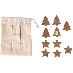 A canvas bag with a grid pattern, accompanied by cork tree and star game pieces in brown and green.