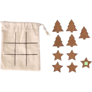 A drawstring bag and ten cork game pieces shaped like trees and stars in natural tones.