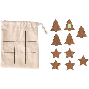 A cotton bag with a grid design beside cork trees and stars in brown, featuring one green tree.