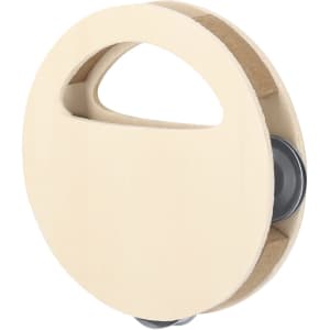 A cream tambourine featuring a handle, with two jingles visible on the sides. It includes a logo.