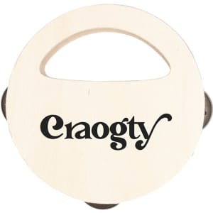 A wooden tambourine with a handle and a logo, featuring a light wood colour and attached jingles.