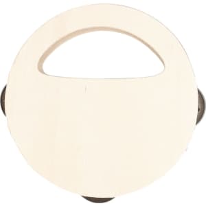 A wooden tambourine with a circular shape, featuring a handle and several jingles around the edge.