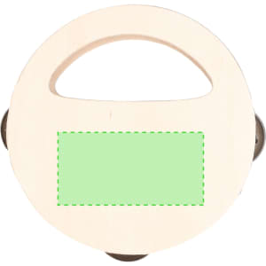 A wooden tambourine featuring a circular shape, a handle, and two jingles. It has a blank green surface for decoration.