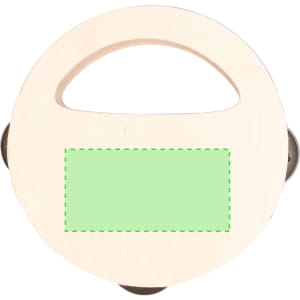A wooden tambourine with a circular shape, featuring a handle and jingles, in a natural wood finish.