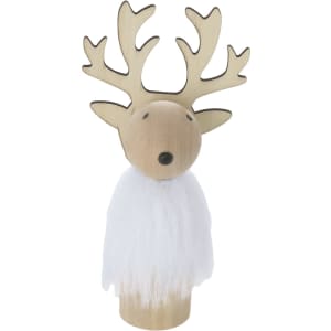 A wooden reindeer decoration with antlers and a white fluffy body, perfect for festive home décor.
