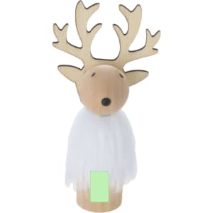 A wooden reindeer decoration with brown antlers and a white fluffy body, featuring a minimalistic design.