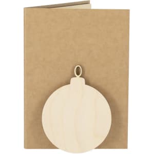 A brown card with a wooden ornament attached, featuring a circular design and an attached loop for hanging.