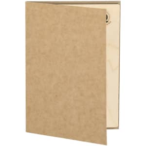 A kraft paper card decoration with a wooden insert, featuring a natural finish. It includes a branding logo.