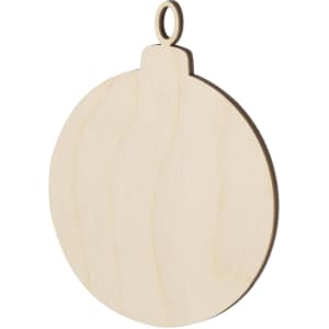 A wooden Christmas card decoration in the shape of a round bauble, featuring a loop for hanging.