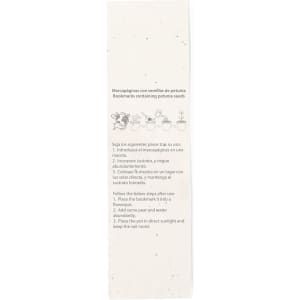 A seed bookmark in natural colour, featuring petunia seeds with planting instructions and a logo.