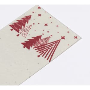 A bookmark featuring red Christmas tree designs and stars on a cream background. It has a subtle logo.