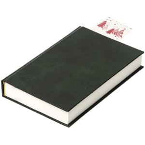 A green book with a decorative bookmark featuring red trees protruding from its top edge. The book is closed.