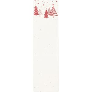A seed-infused bookmark in white with red festive tree designs. It has a branding logo at the bottom.
