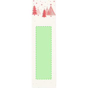 A bookmark featuring a decorative design of red trees on a cream background, with a green section for personalisation.