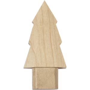 A wooden Christmas tree ornament in a natural finish, with a base for stability.