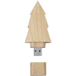 A wooden USB flash drive shaped like a pine tree, featuring a removable cap for connectivity.