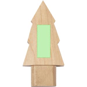 A wooden USB memory stick shaped like a pine tree, featuring a green accent area.