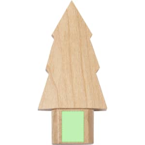 A wooden USB flash drive shaped like a Christmas tree, featuring a green rectangular base.