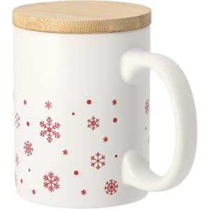 A white coffee mug decorated with red snowflakes, featuring a bamboo lid and a sturdy handle.