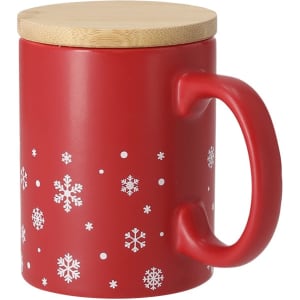 A red coffee mug with a wooden lid, featuring white snowflake patterns and a comfortable handle.