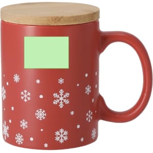 A red coffee mug with a bamboo lid, featuring white snowflake patterns and an area for custom branding.