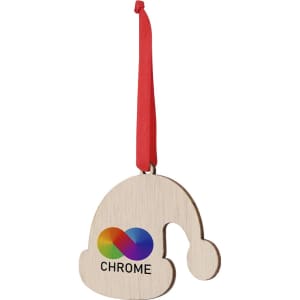 A wooden Christmas hat decoration with a red ribbon and a multicoloured logo. Suitable for holiday home decor.