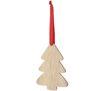A wooden Christmas tree decoration with a red hanging ribbon. Simple and rustic design.
