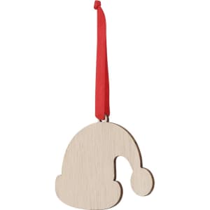 A wooden Christmas decoration in the shape of a Santa hat, featuring a red ribbon for hanging.
