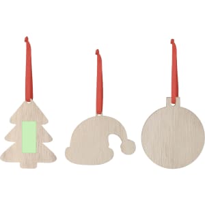 Wooden Christmas decorations in the shapes of a tree, hat, and round ornament, each with a red hanging ribbon.