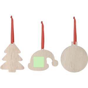 Wooden Christmas decorations in the shapes of a tree, hat, and circle, featuring red ribbons for hanging.