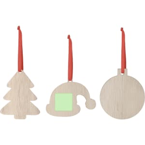 Three wooden Christmas decorations in the shapes of a tree, a hat, and a circle, each with a red ribbon.
