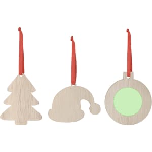A set of three wooden Christmas decorations in the shapes of a tree, hat, and circle, with red ribbons attached.