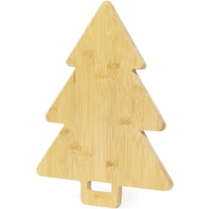 A bamboo chopping board shaped like a Christmas tree, featuring a small handle for easy storage.