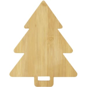 A bamboo chopping board shaped like a Christmas tree, featuring a handle cut-out at the base.