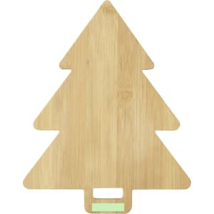 A bamboo chopping board shaped like a Christmas tree, featuring a handle cut-out, with a natural wood finish.