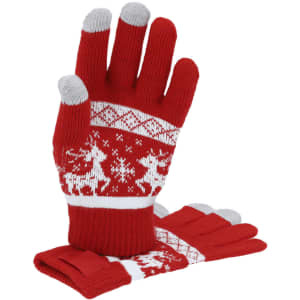 A pair of red touchscreen gloves featuring a white Christmas pattern and grey fingertips, neatly laid out.
