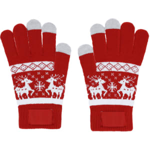 A pair of red touchscreen gloves featuring a festive design with white reindeer and snowflakes, including a branding logo.
