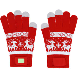 Red touchscreen gloves featuring a winter-themed pattern with white reindeer and snowflakes, including grey fingertips.
