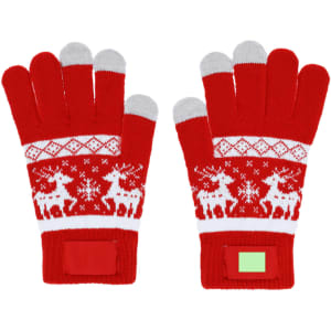 Red knitted touchscreen gloves with a festive pattern of reindeer and snowflakes, featuring grey tips and a branding logo.